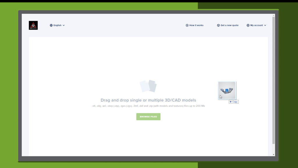 The process to order 3d printed parts starts by dragging and dropping one or more files right into the loader screen. 