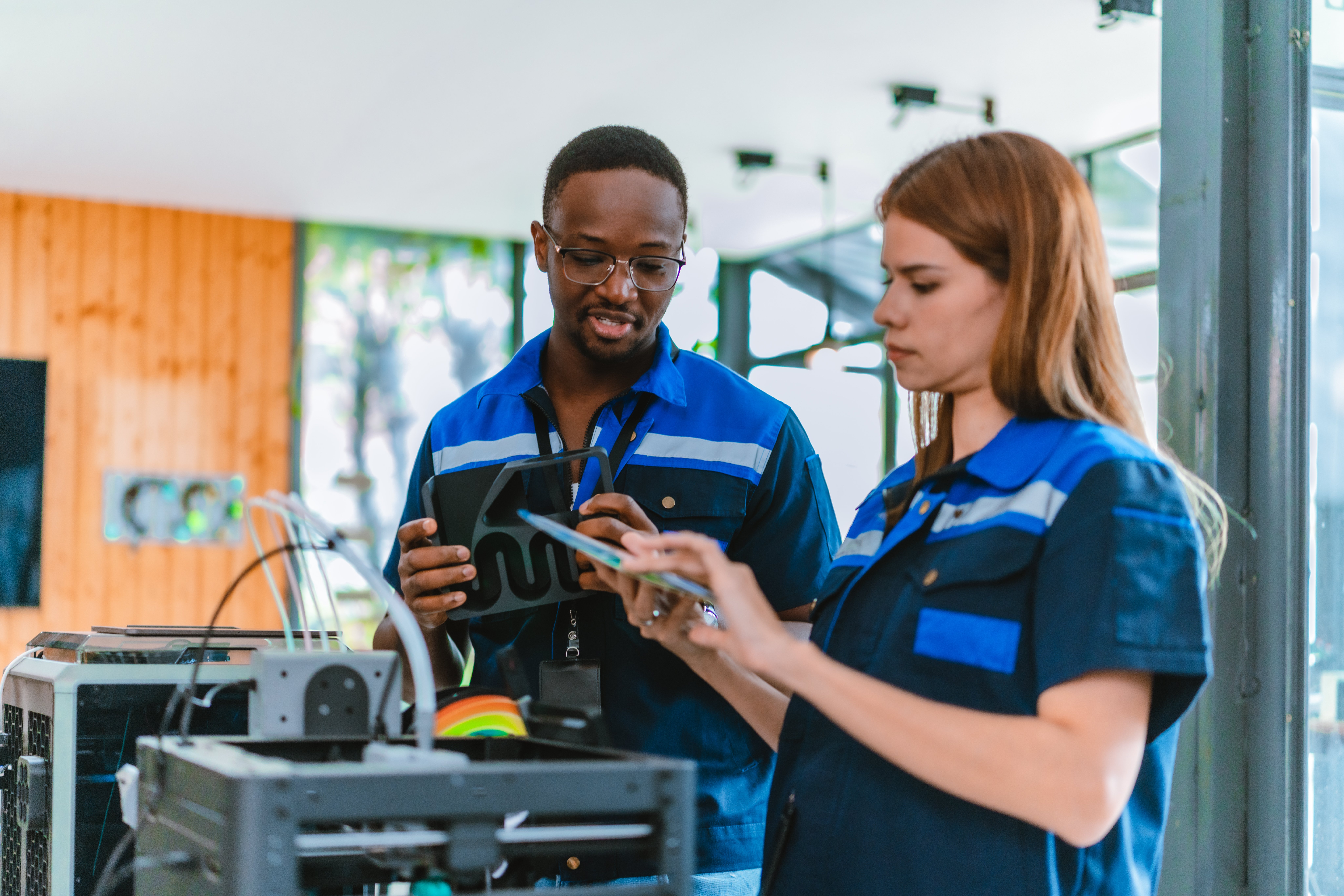 young engineering looking at a part for a 3d printer