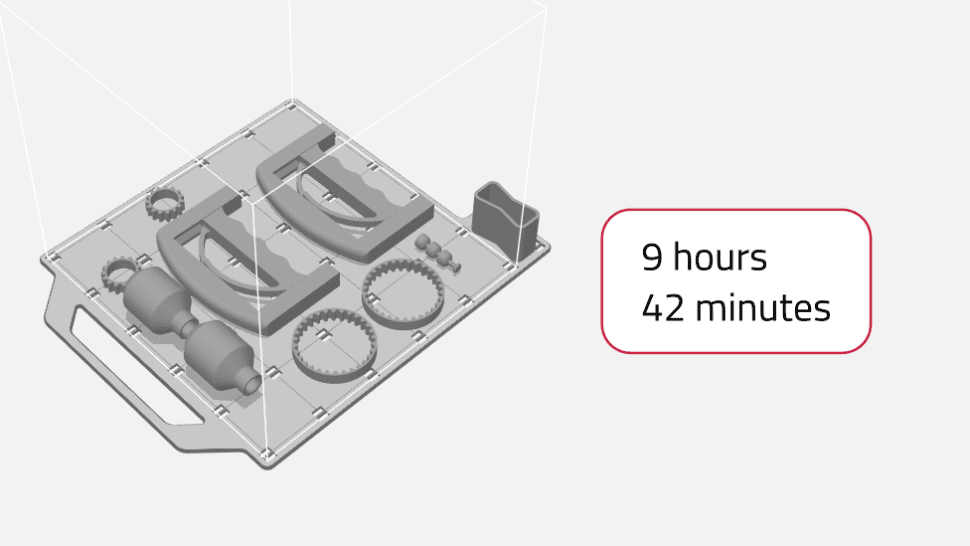 Medical device companies compare 3d prints from fdm 3d printer to polyjet 3d printing. 
FDM: 9 hours
PolyJet: 42 Minutes